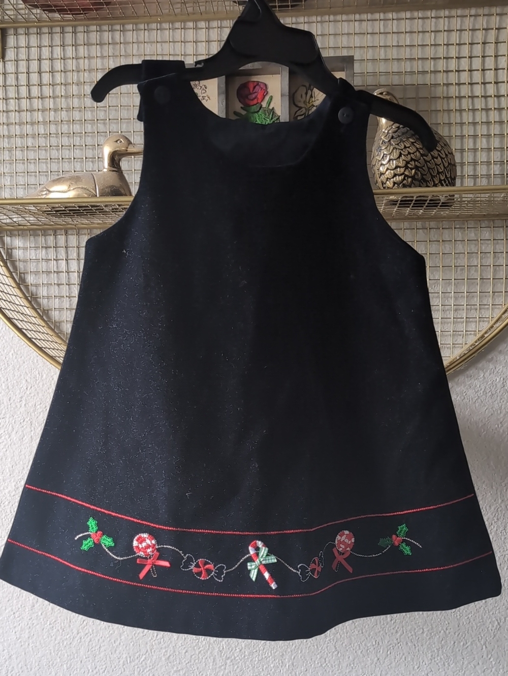 Girls Vintage Black Holiday Embroidered Velvet Dress Jumper